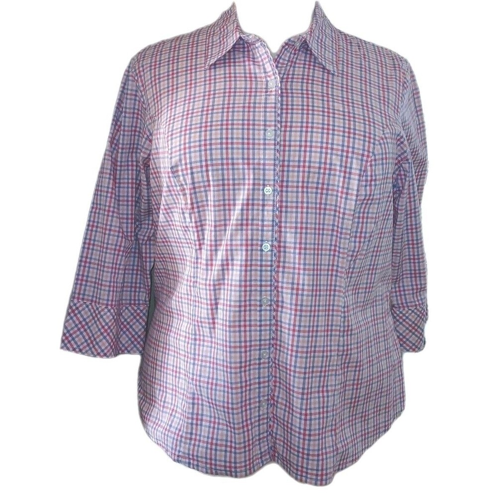 RIDERS BY LEE Womens 1X Plaid Check Button 3/4 Sleeve Stretch Shirt Top Colorful